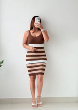 Size S-M Brown & Cream Striped Ribbed Knit Mini Dress