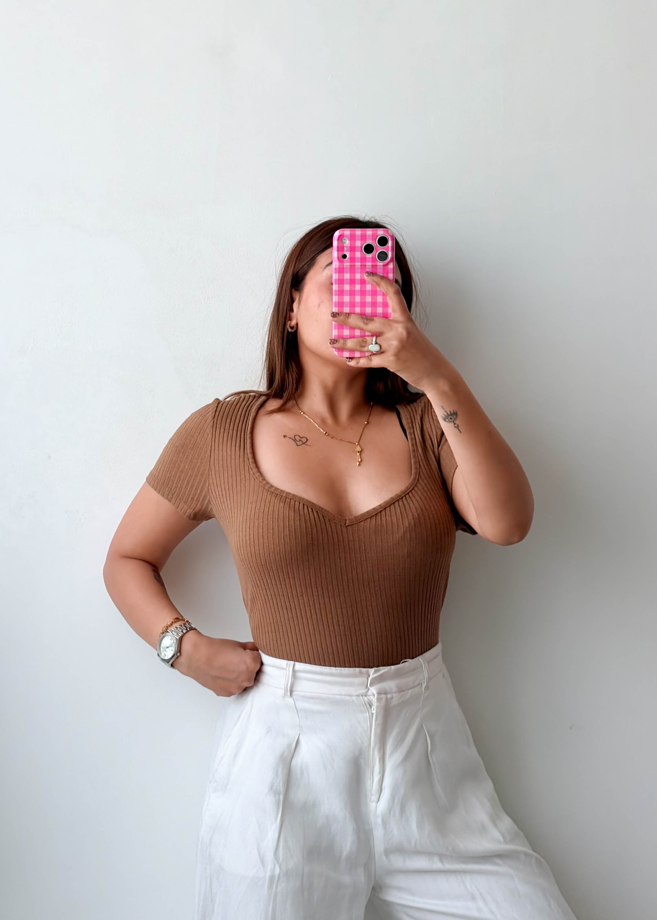 Size L-XL Mocha Ribbed Sweetheart Neck Bodysuit