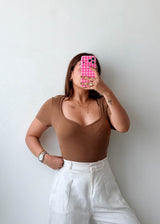 Size L-XL Mocha Ribbed Sweetheart Neck Bodysuit