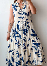 Size M-L White & Blue Leaf Print Tiered Dress