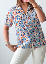 Size S-M Blue Orange Floral Print Shirt Top