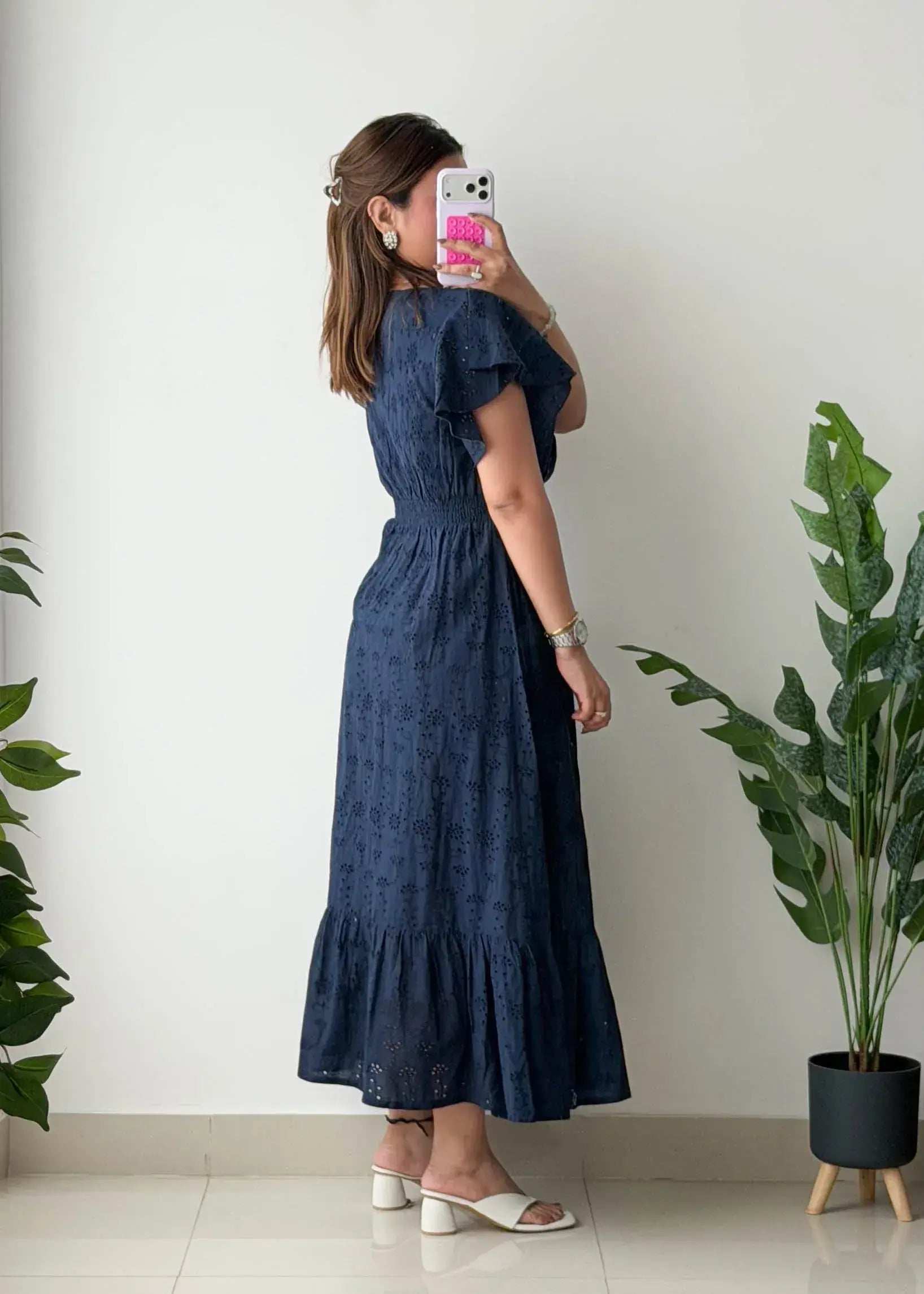 Size M-L, Blue Eyelet Lace Midi Dress