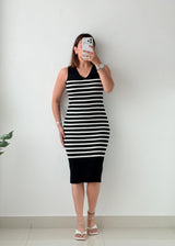 Size S-M Black & White Striped Ribbed Knit Midi Dress