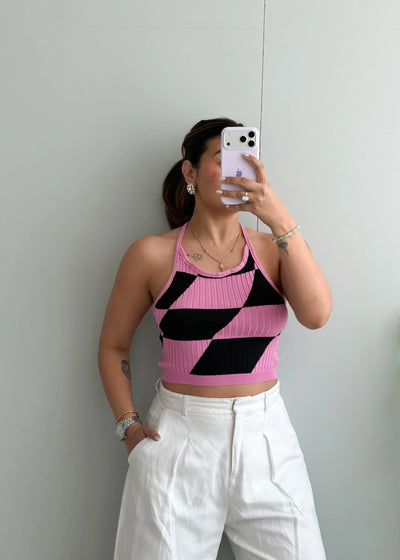 Size S-M, Pink & Black Pattern Crop Top - Closet by Payal