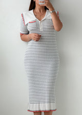 Size M-L Grey & White Striped Ribbed Polo Midi Dress