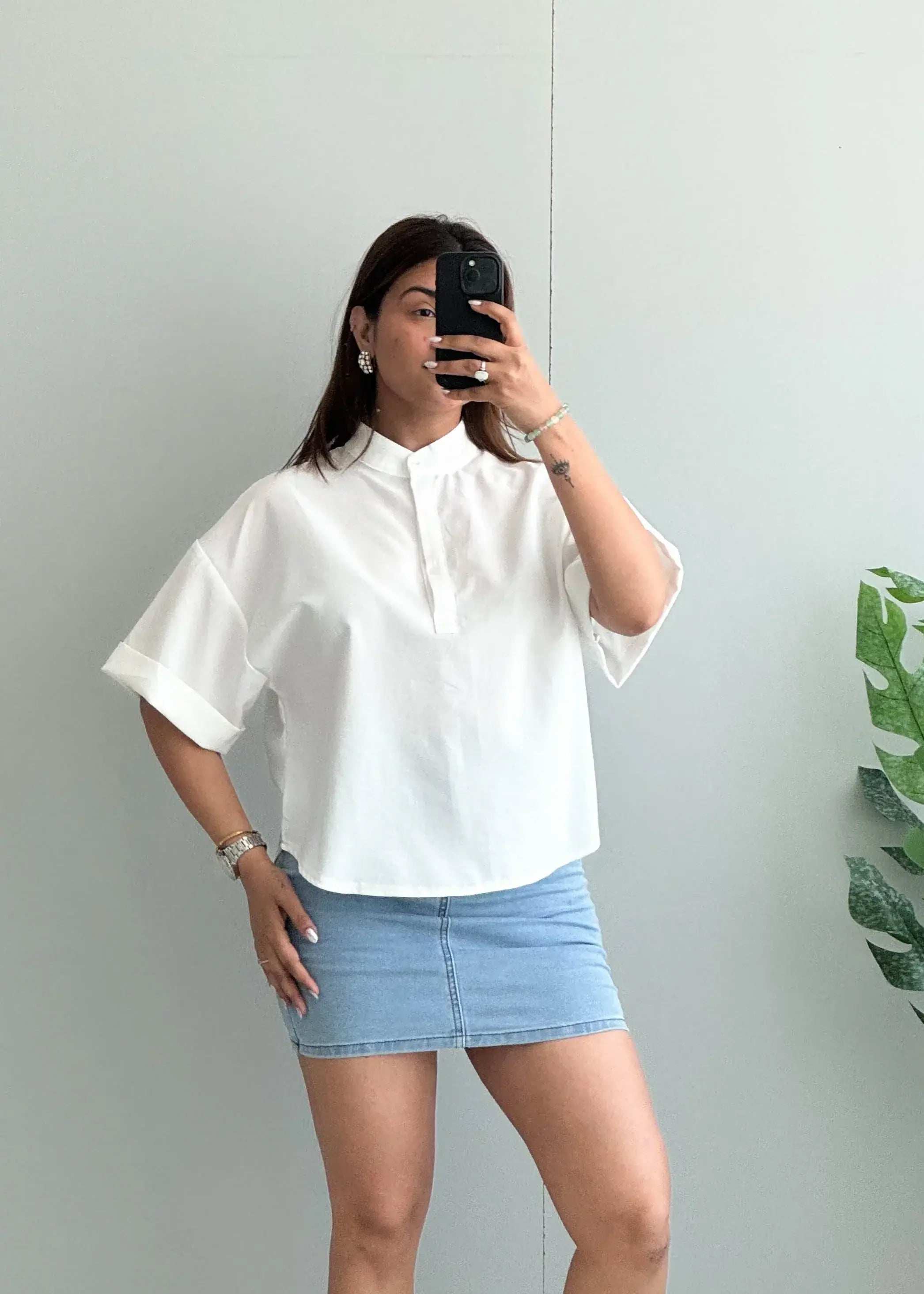 Size S-M, Minimal White Mandarin Collar Blouse for Women - Closet by Payal