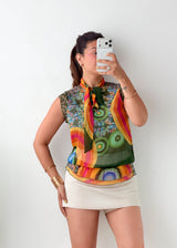 Size XS-S Multicolor Scarf Neck Sleeveless Top
