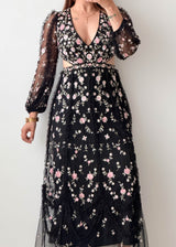 Size XS-S Black Floral Embroidered Midi Dress