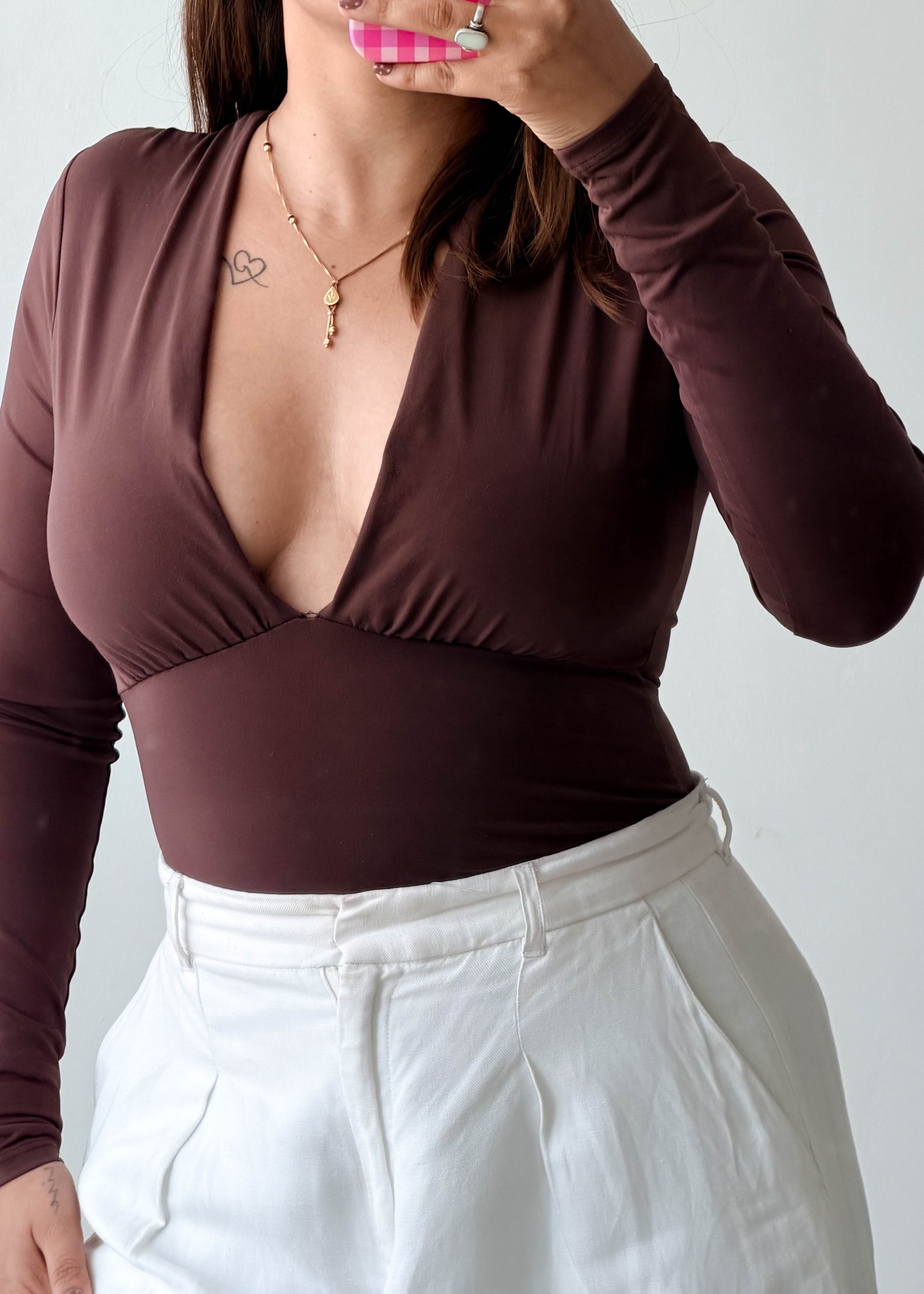 Size S Chocolate Brown Plunge Long Sleeve Bodysuit