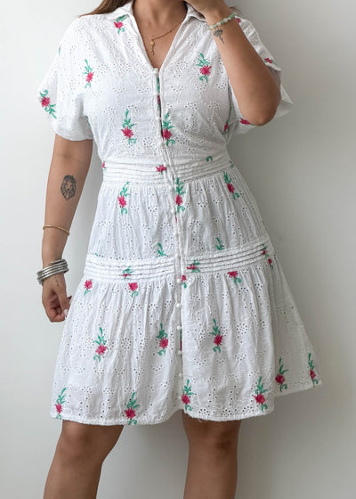 Size XS-S, White Embroidered Tiered Mini Dress