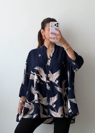 Free Size Navy Crane Print Soft Chiffon Oversized Shirt