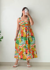 Size S-M Multicolor Tropical Printed Midi Dress