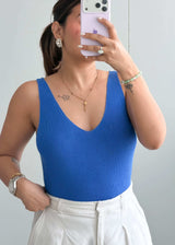 Size L-XL, Blue V-Neck Ribbed Tank Top - Closet by Payal
