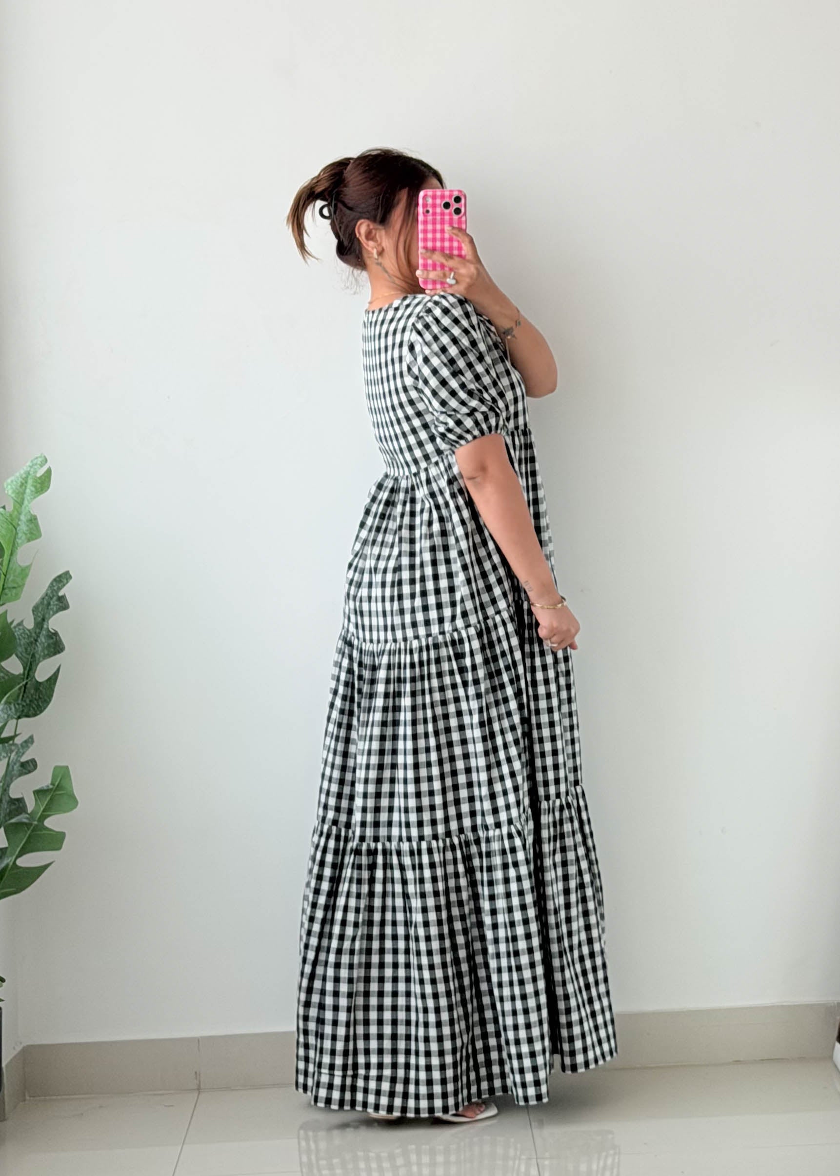Size M-L Gingham Tiered Maxi Dress