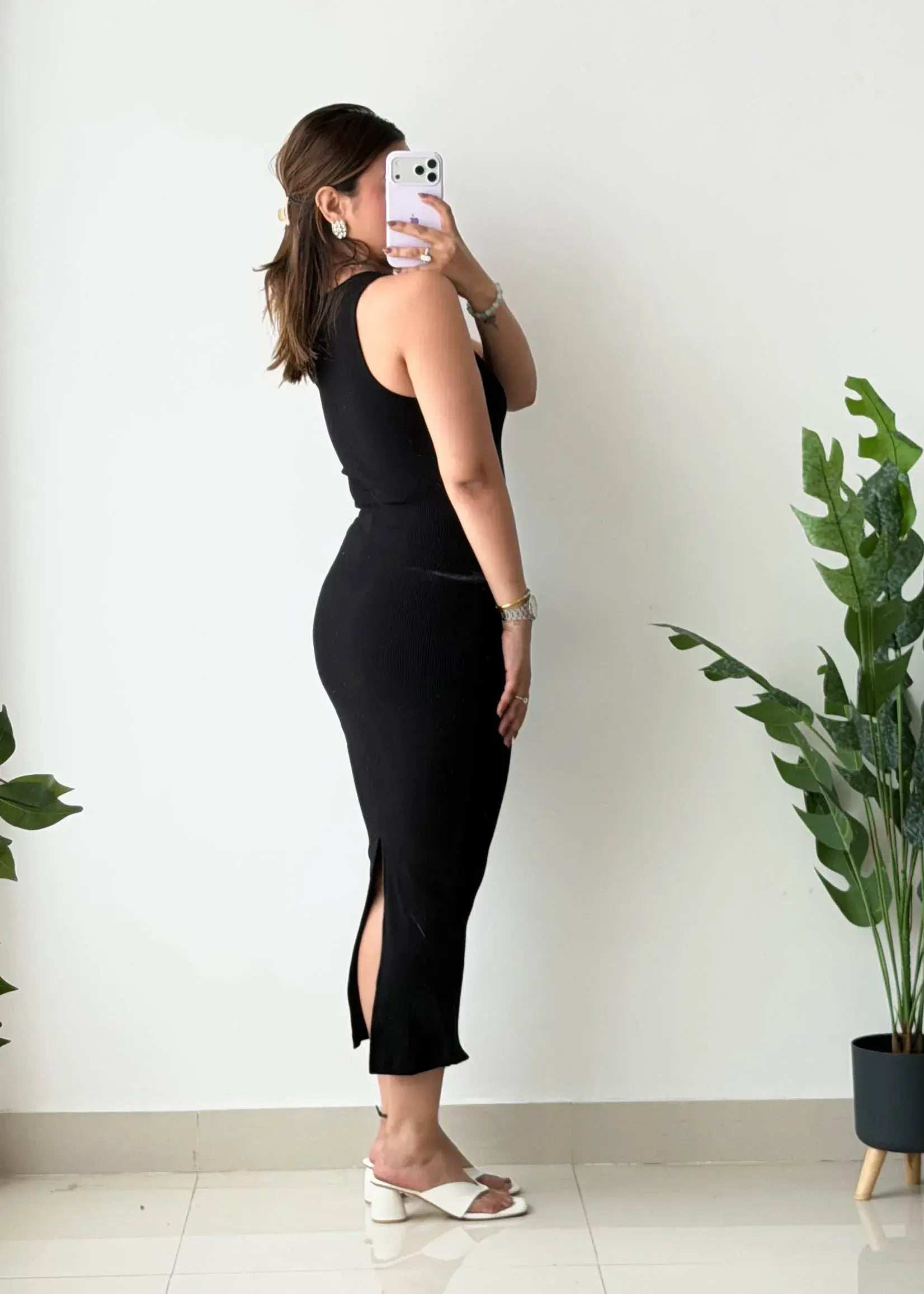 Size XS-S, Black Cut-Out Ribbed Midi Dress - Closet by Payal