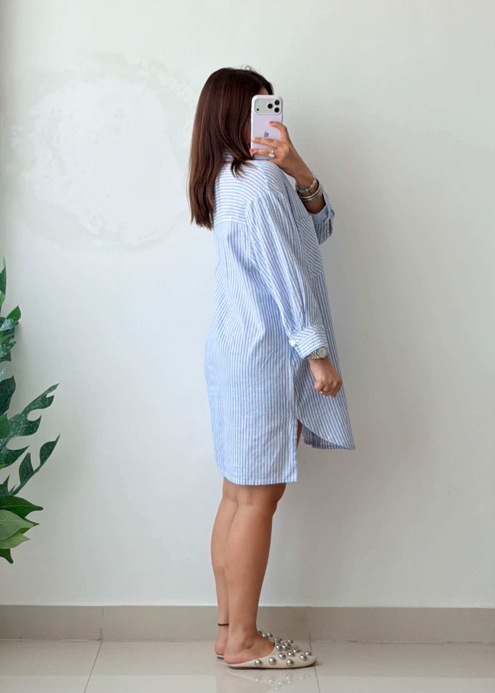 Size M-L Cotton Blue Striped Shirt Dress