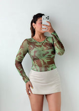 Size XS-S Green Abstract Mesh Top