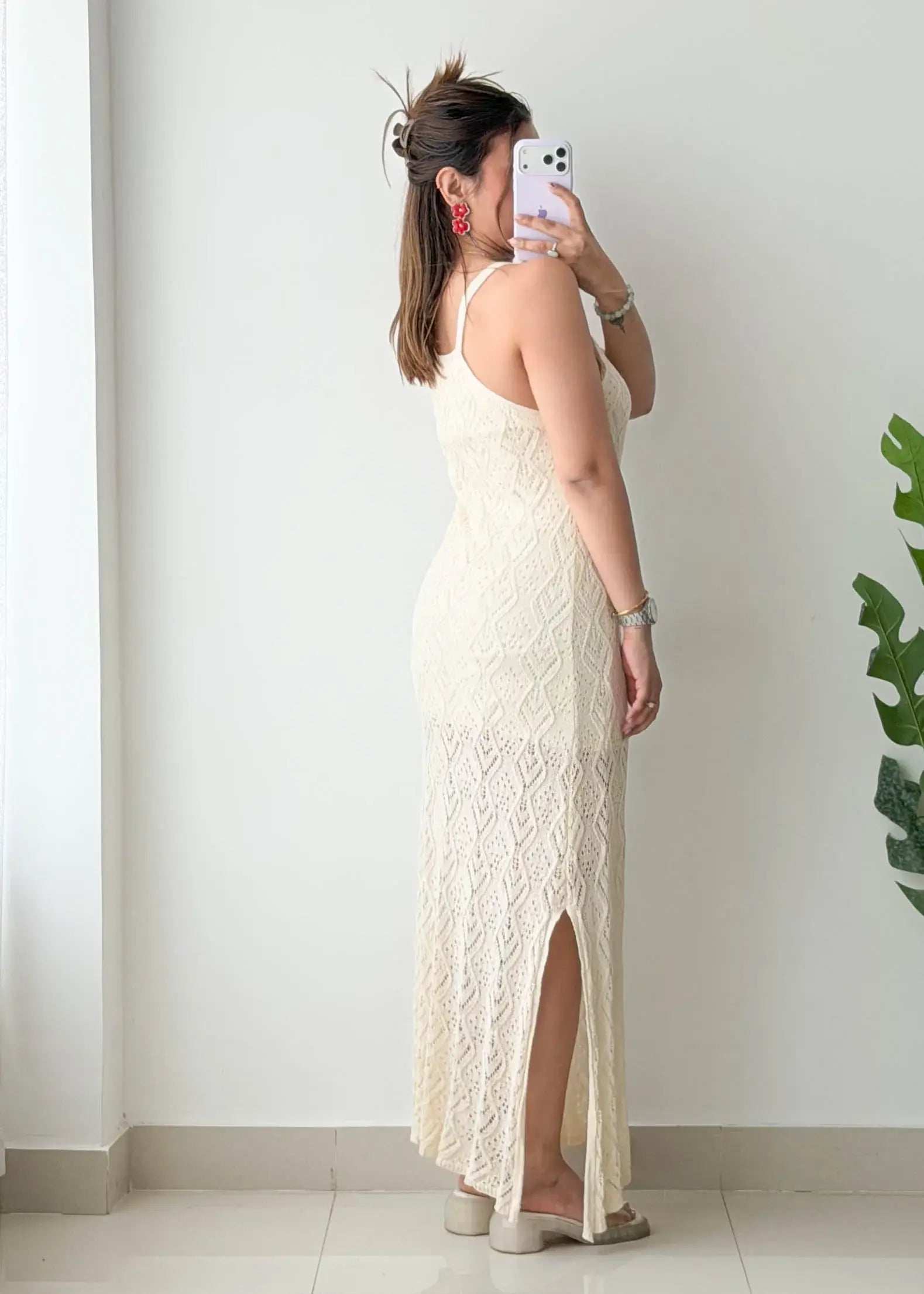 Size M-L, Beige Crochet Maxi Dress