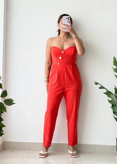 Size M-L, Red Strapless Jumpsuit - Closet by Payal