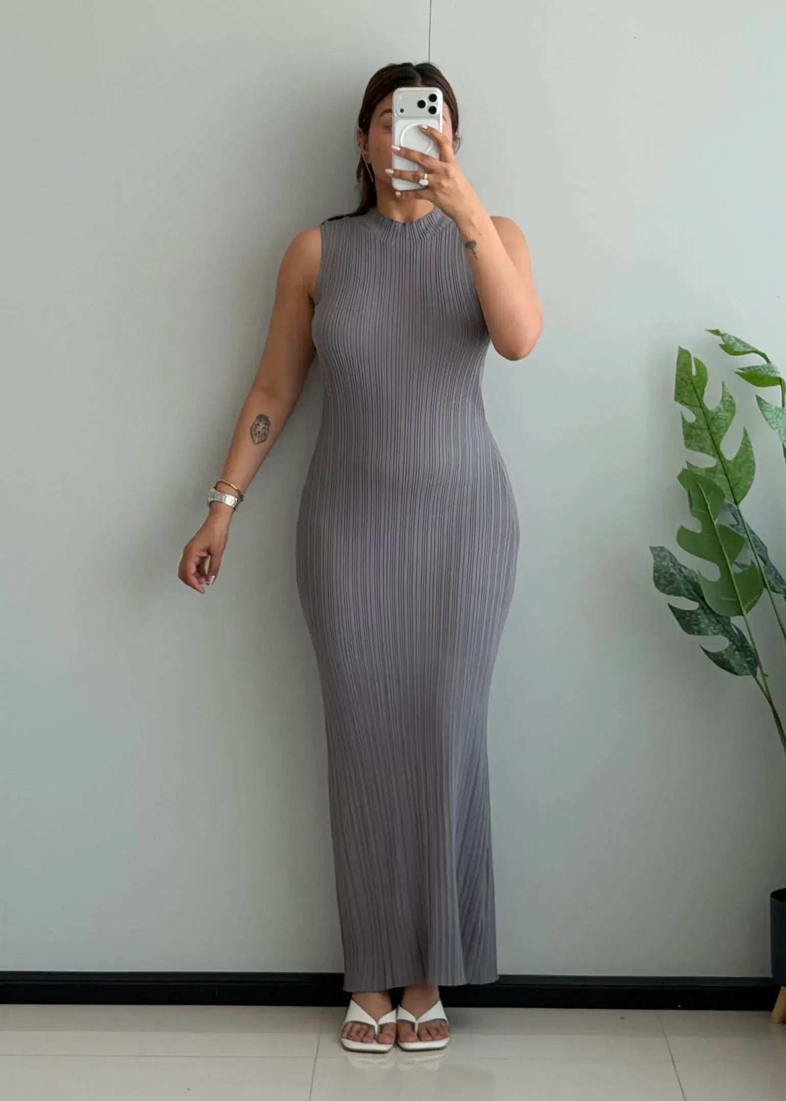 SIZE S-M, Grey Ribbed Sleeveless Maxi Dress - Closet by Payal