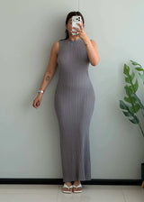 SIZE S-M, Grey Ribbed Sleeveless Maxi Dress - Closet by Payal