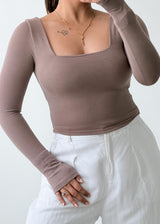 Size S-M Taupe Square Neck Long Sleeve Top