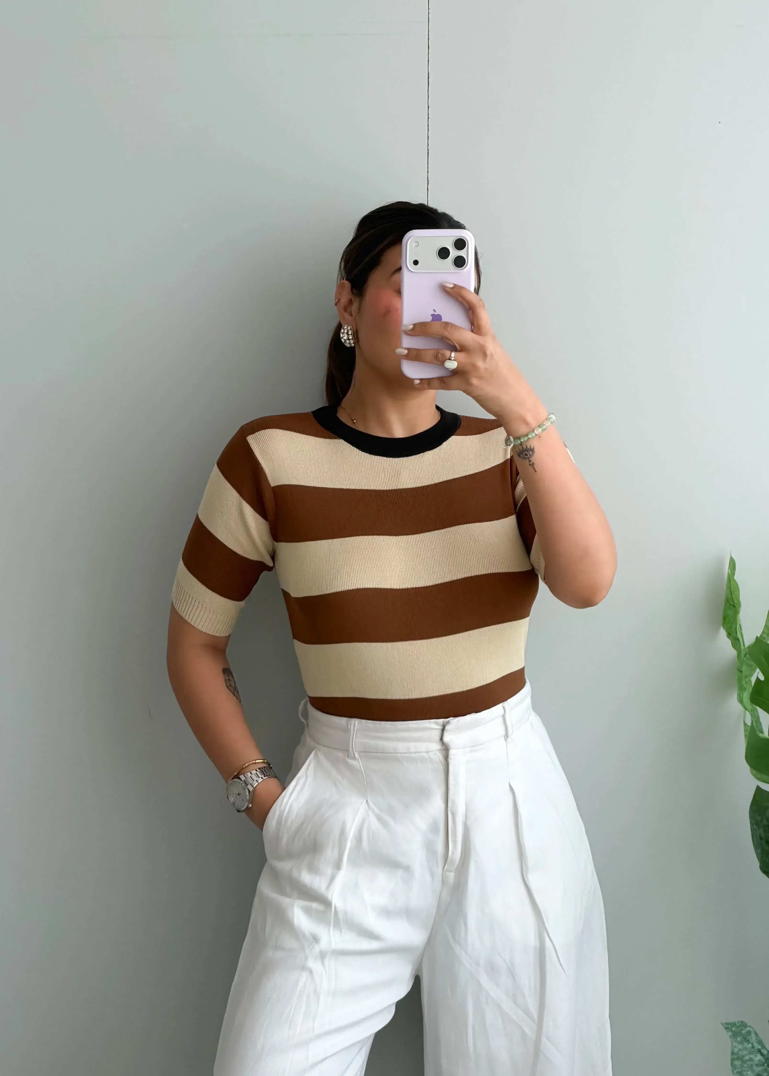 Size M-L, Brown Stripe Short Sleeve Top - Closet by Payal