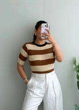 Size M-L, Brown Stripe Short Sleeve Top - Closet by Payal