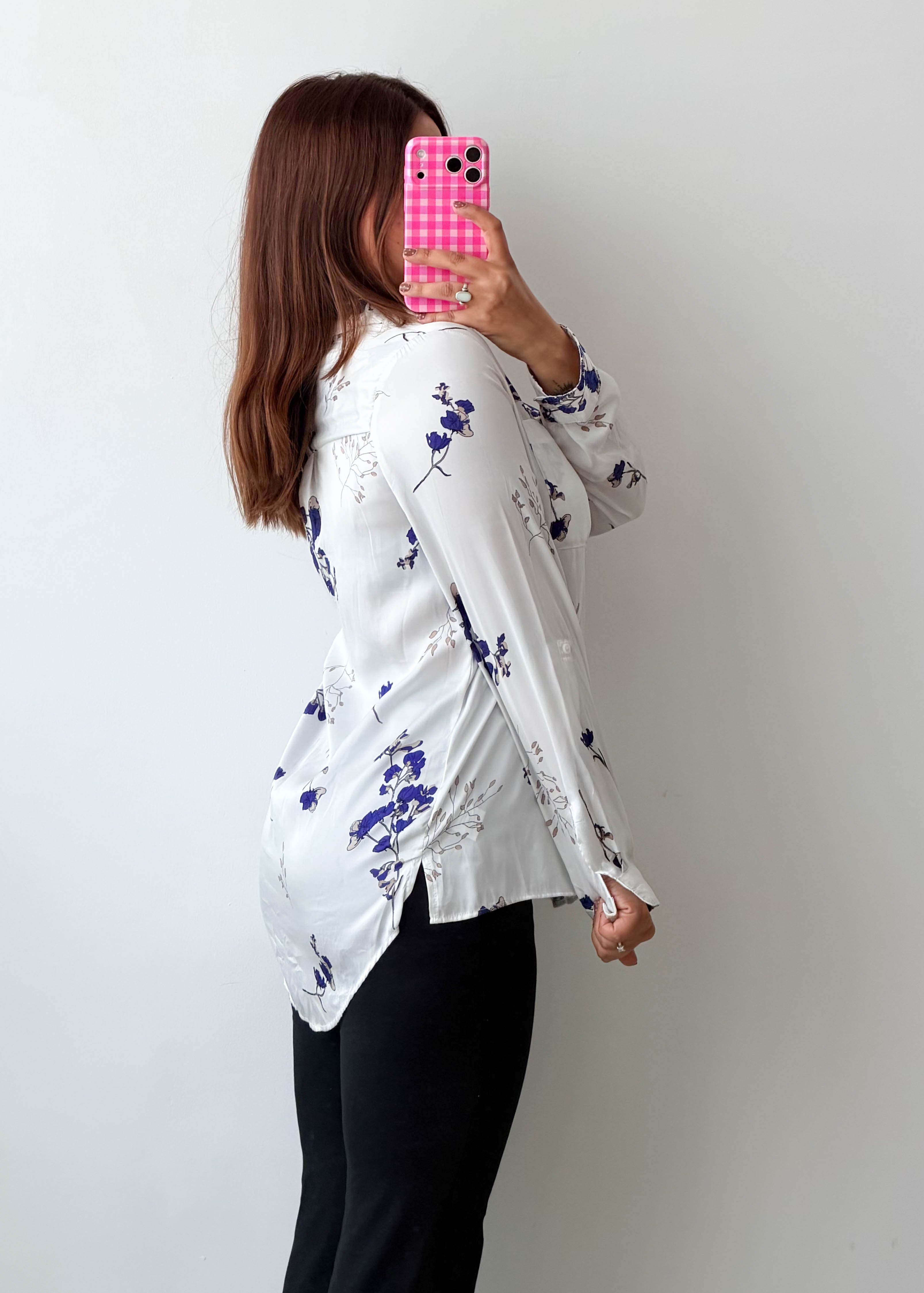 Size S-M White Blue Floral Shirt Top