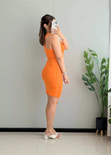 SIZE M-L, Bright Orange Ribbed Bodycon Mini Dress - Closet by Payal
