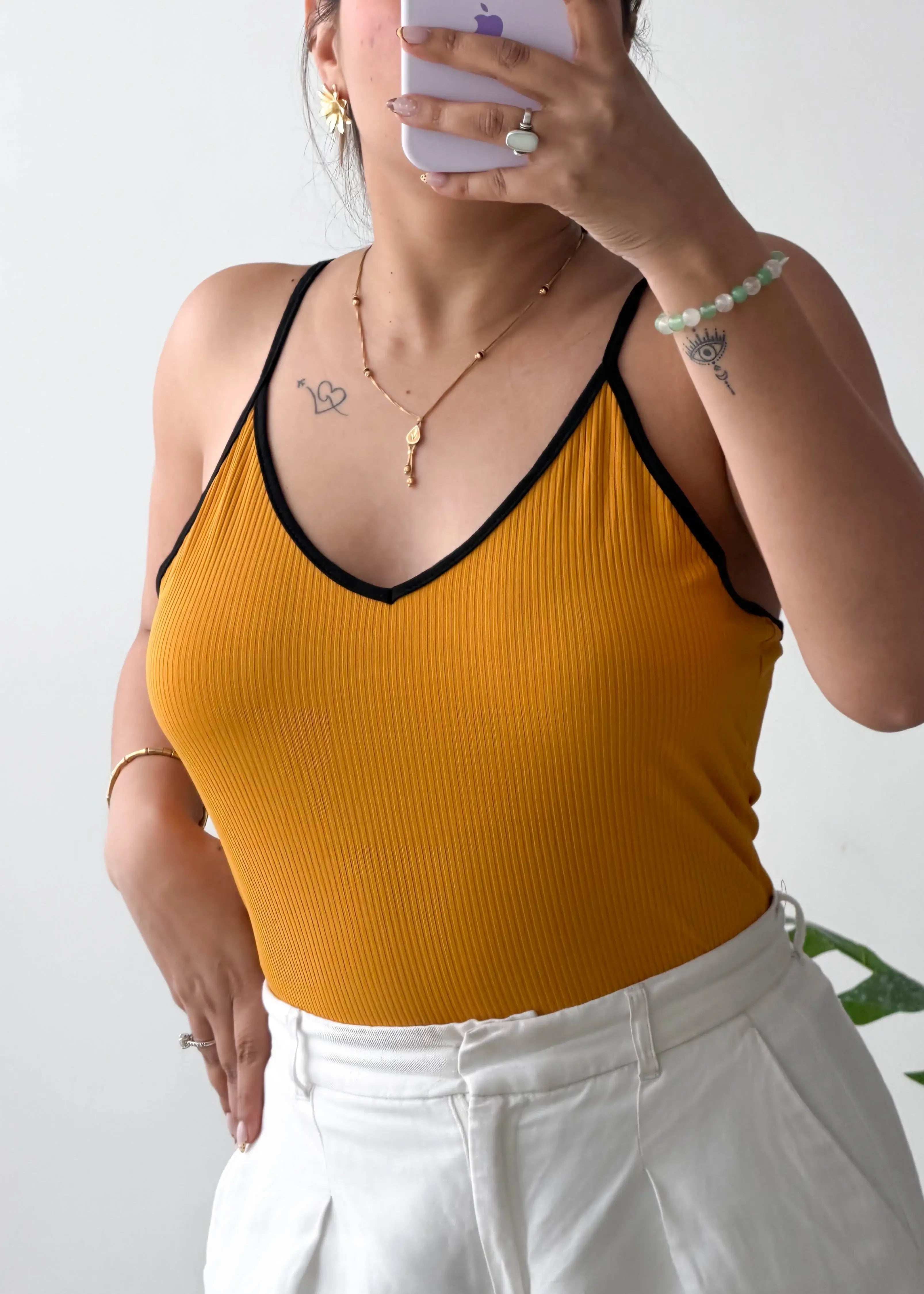 Size L-XL, Mustard Contrast Strap Camisole Bodysuit