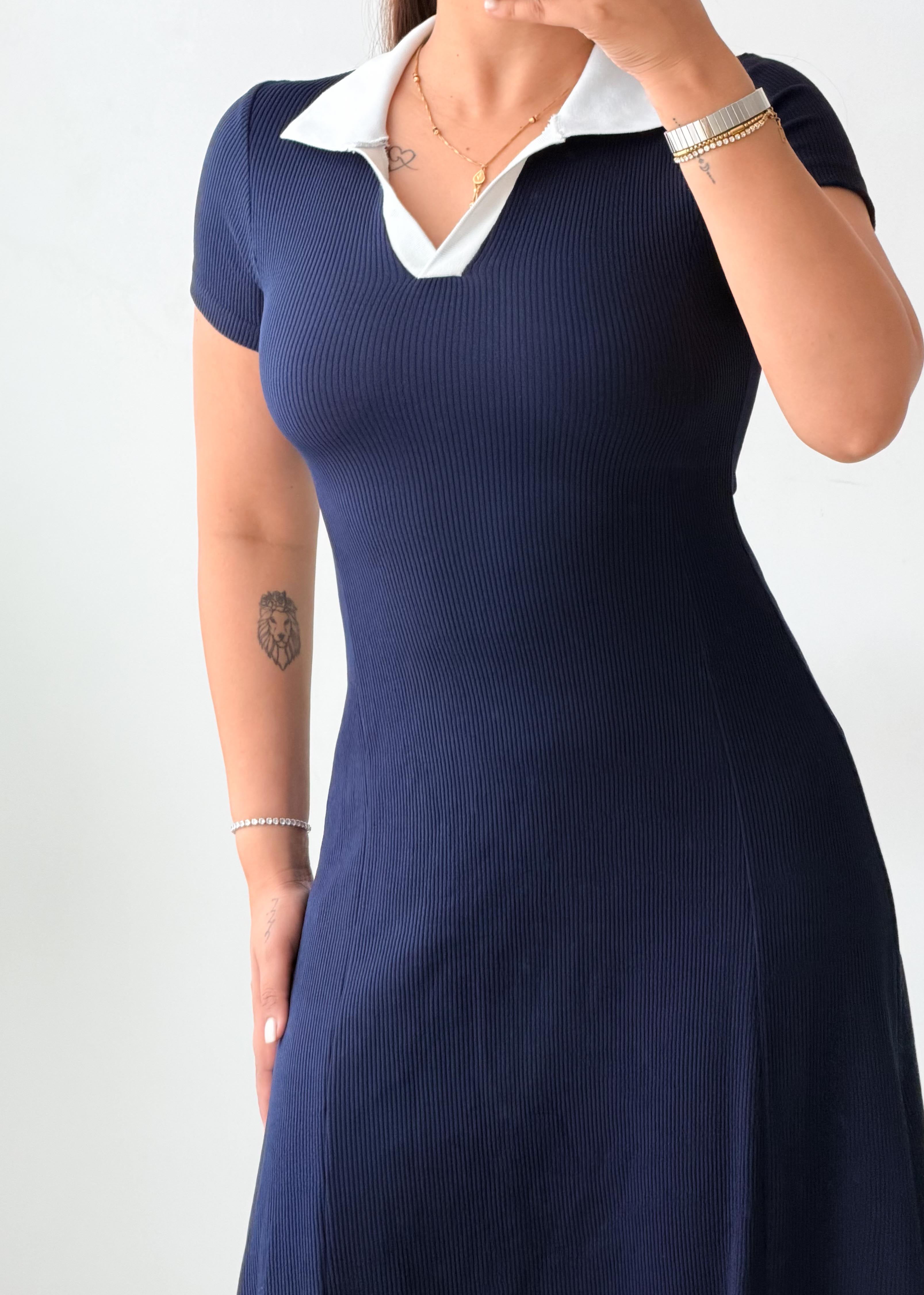 Size XS-S Navy Blue Collared Fit & Flare Midi Dress