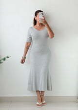 Size S-M Grey Ribbed Scoop Neck Midi Dress