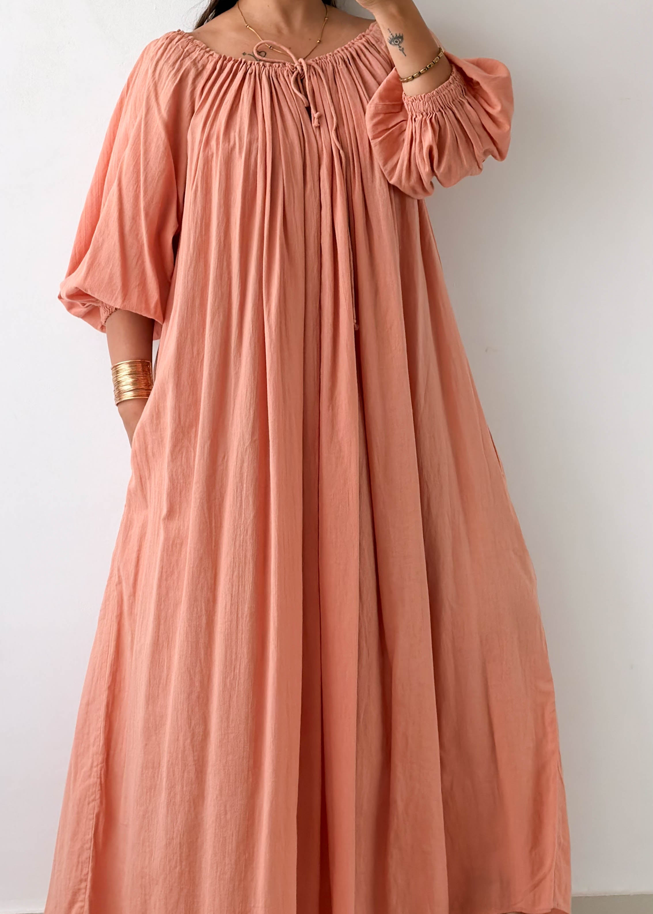 Free Size Peach Cotton Maxi Dress