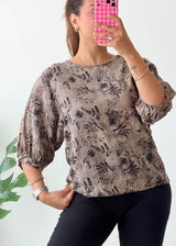 Size S-M Taupe Botanical Puff Sleeve Top