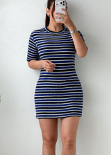 Size L-XL Navy & White Striped Knit Mini Dress