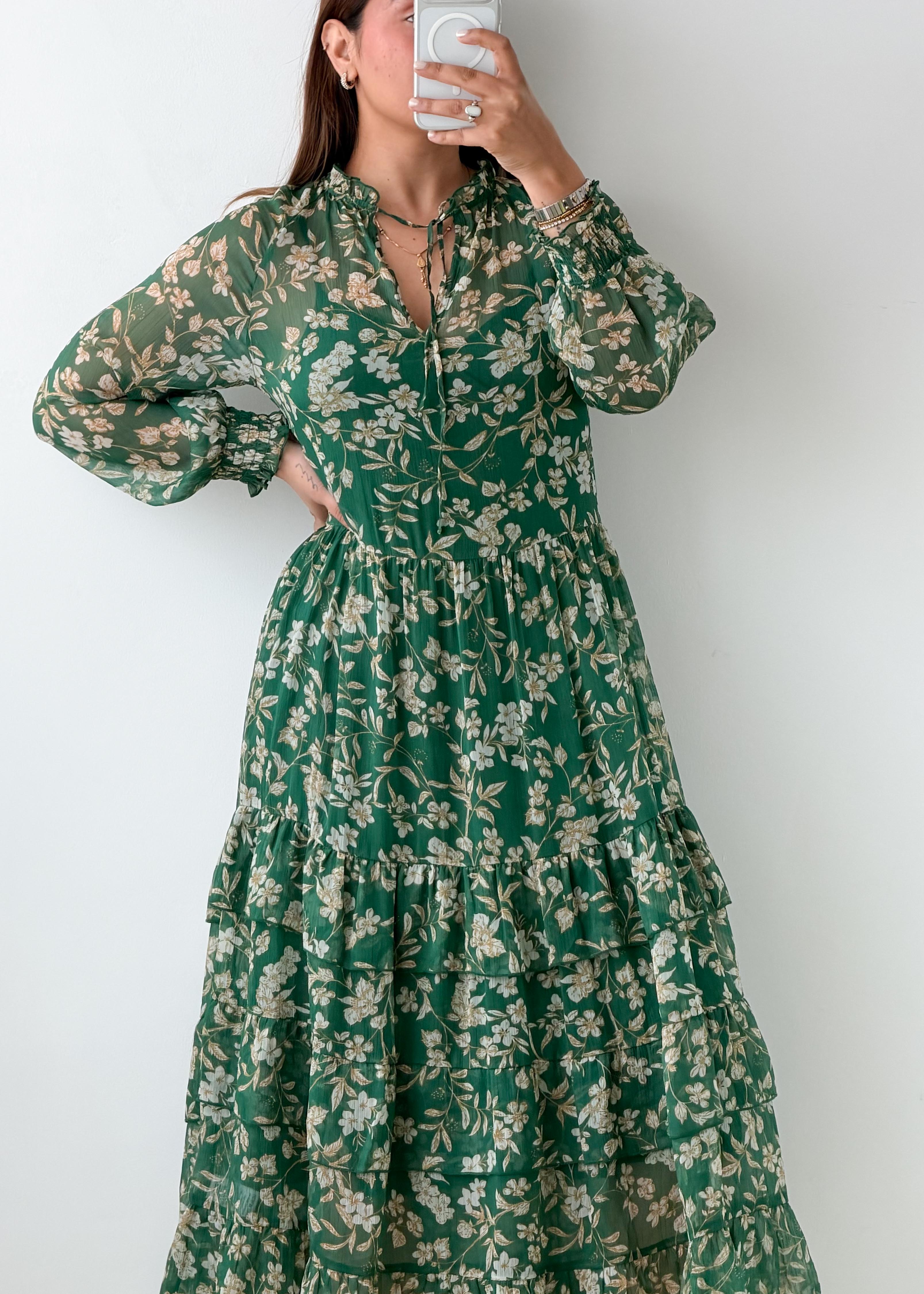 Size M-L Green Floral Print Tiered Maxi Dress