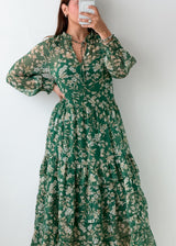 Size M-L Green Floral Print Tiered Maxi Dress