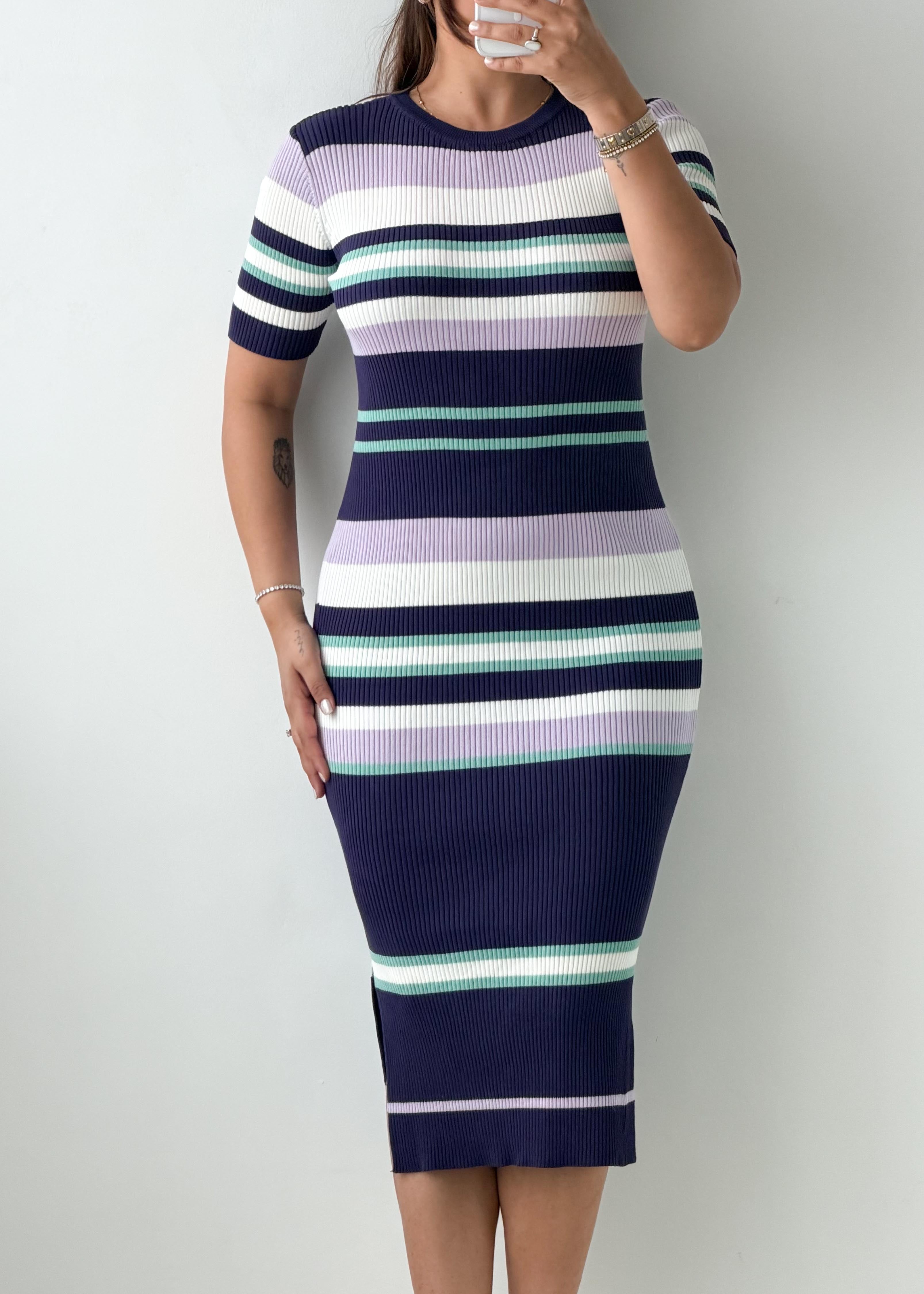 Size M-L Multicolor Striped Ribbed Knit Midi Dress