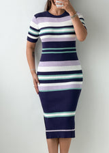 Size M-L Multicolor Striped Ribbed Knit Midi Dress