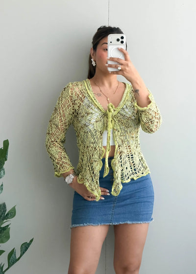 Size XS-M, Light Green Tie-Front Crochet Cardigan - Closet by Payal