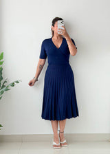 Size M-L Navy Pleated Wrap Knit Midi Dress