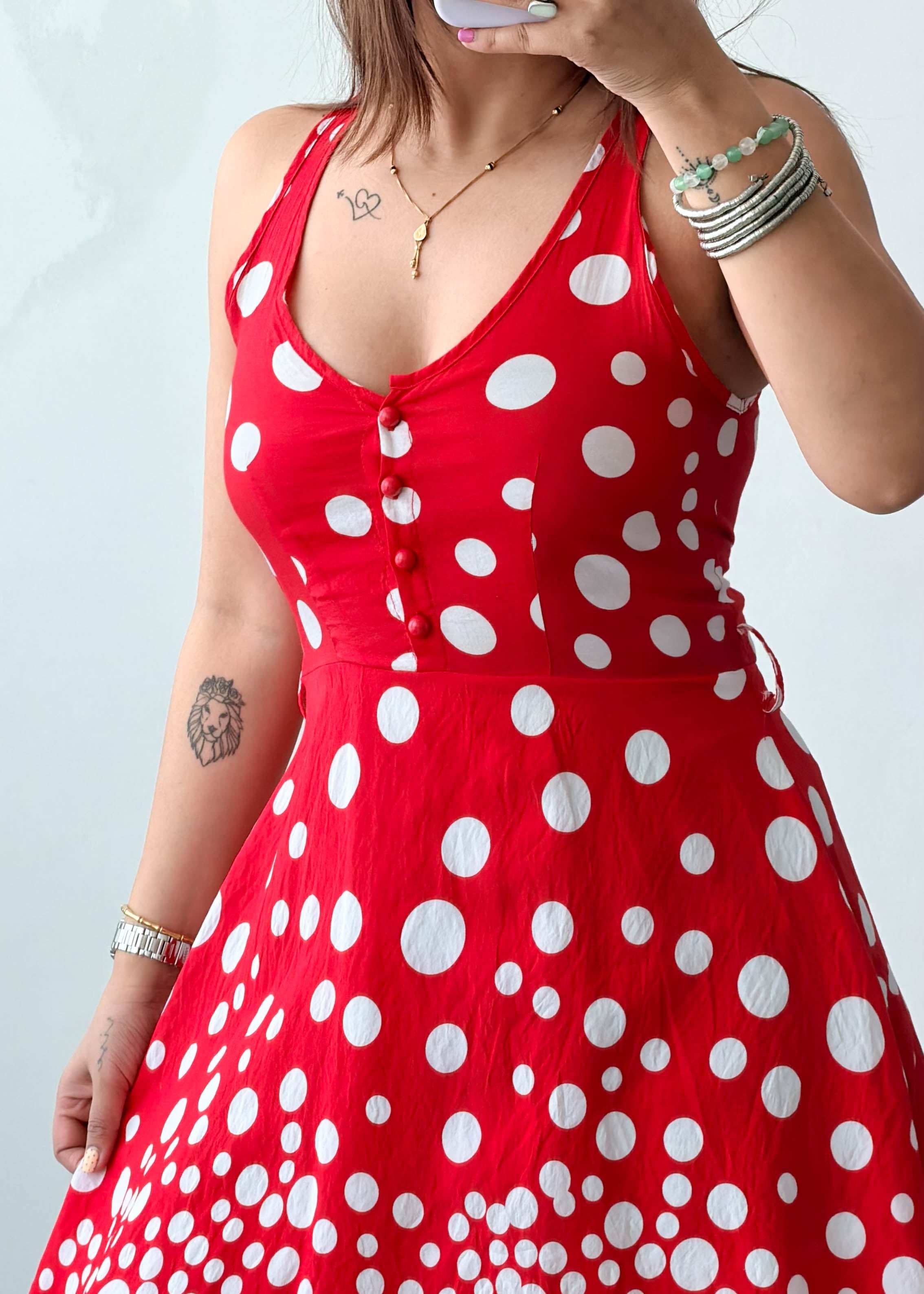 Size XS-S Cotton Red Polka Dot Mini Dress