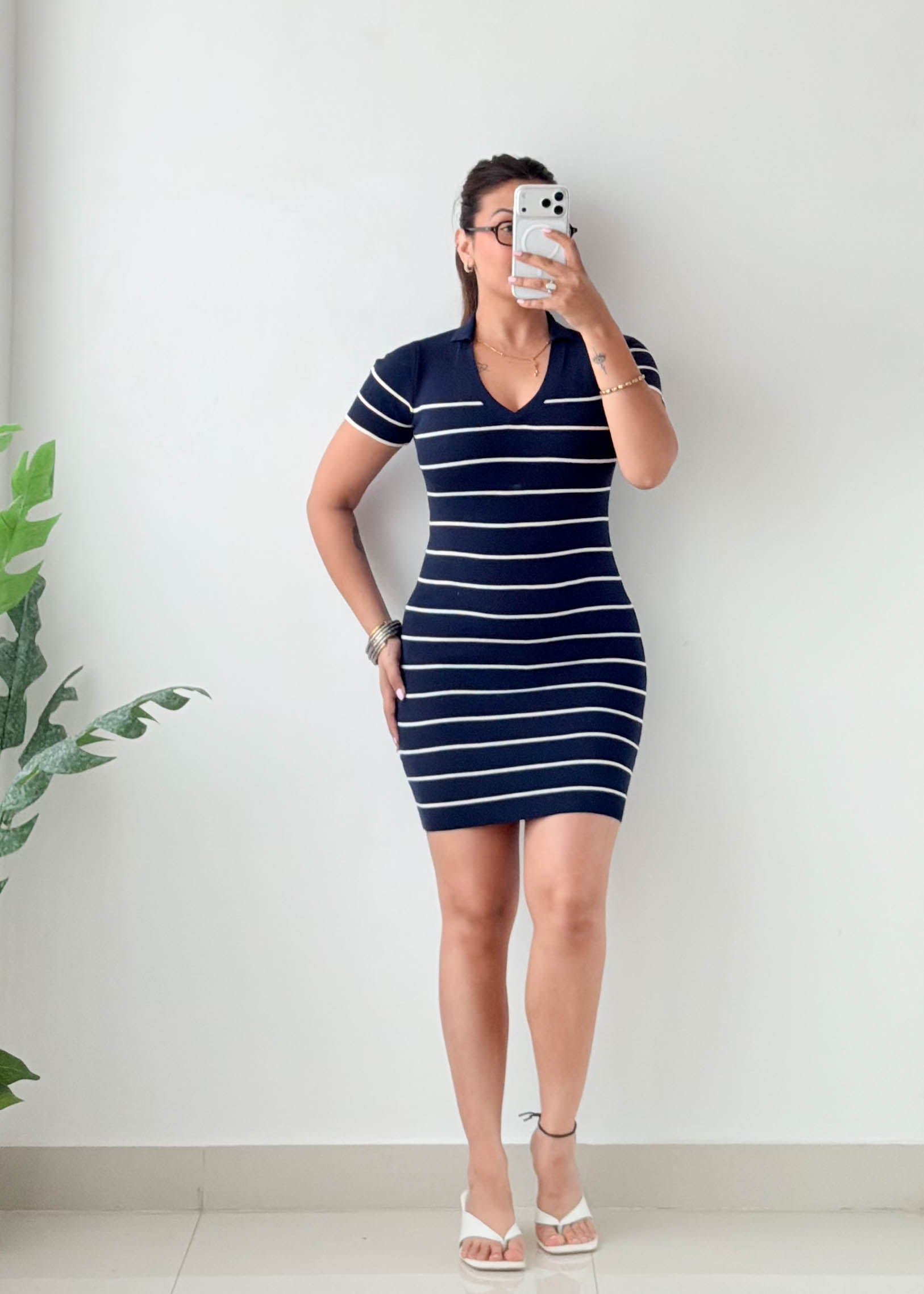 Size XS-S Navy Striped Knit Bodycon Mini Dress
