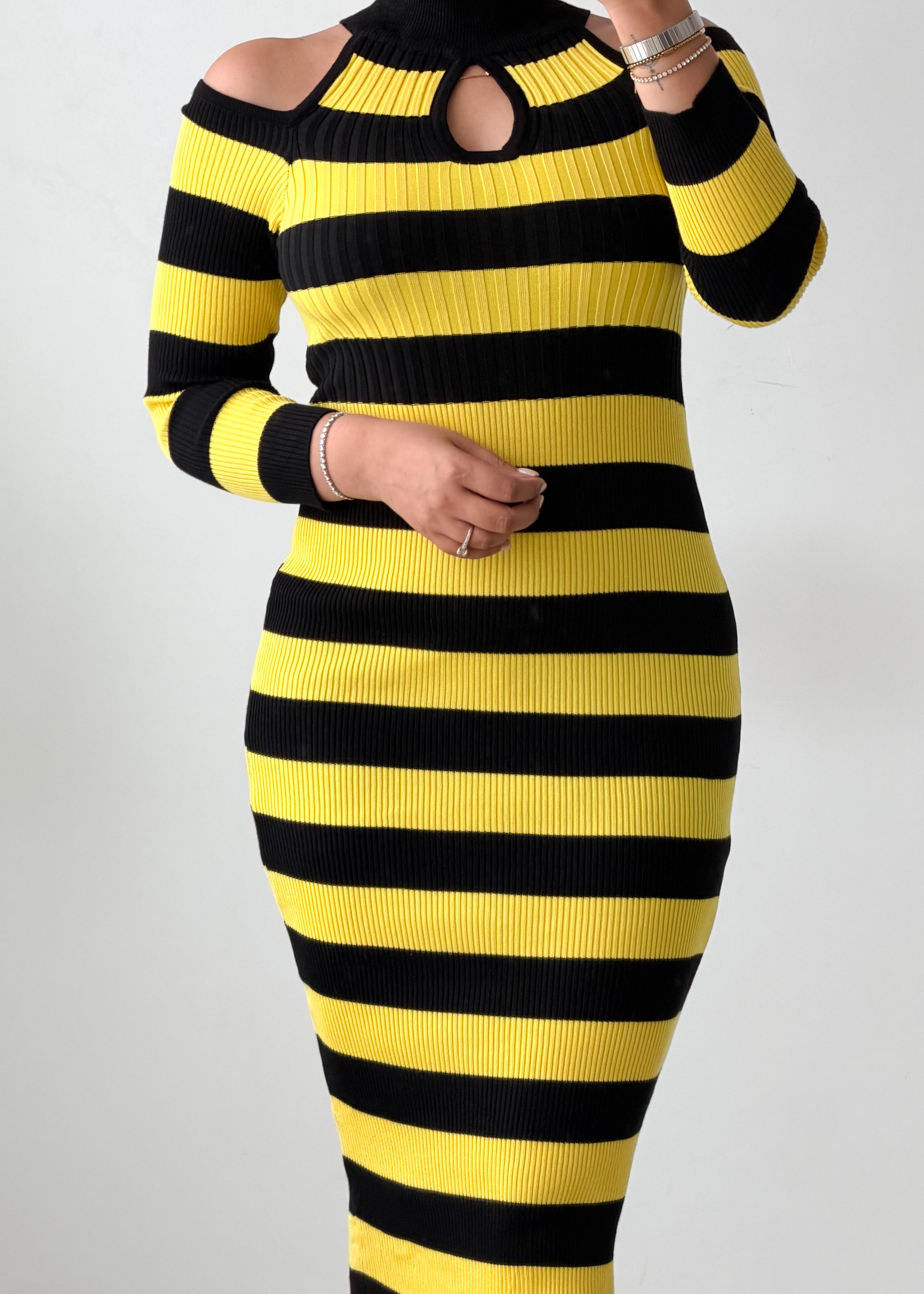 Size S-M Yellow & Black Striped Midi Dress
