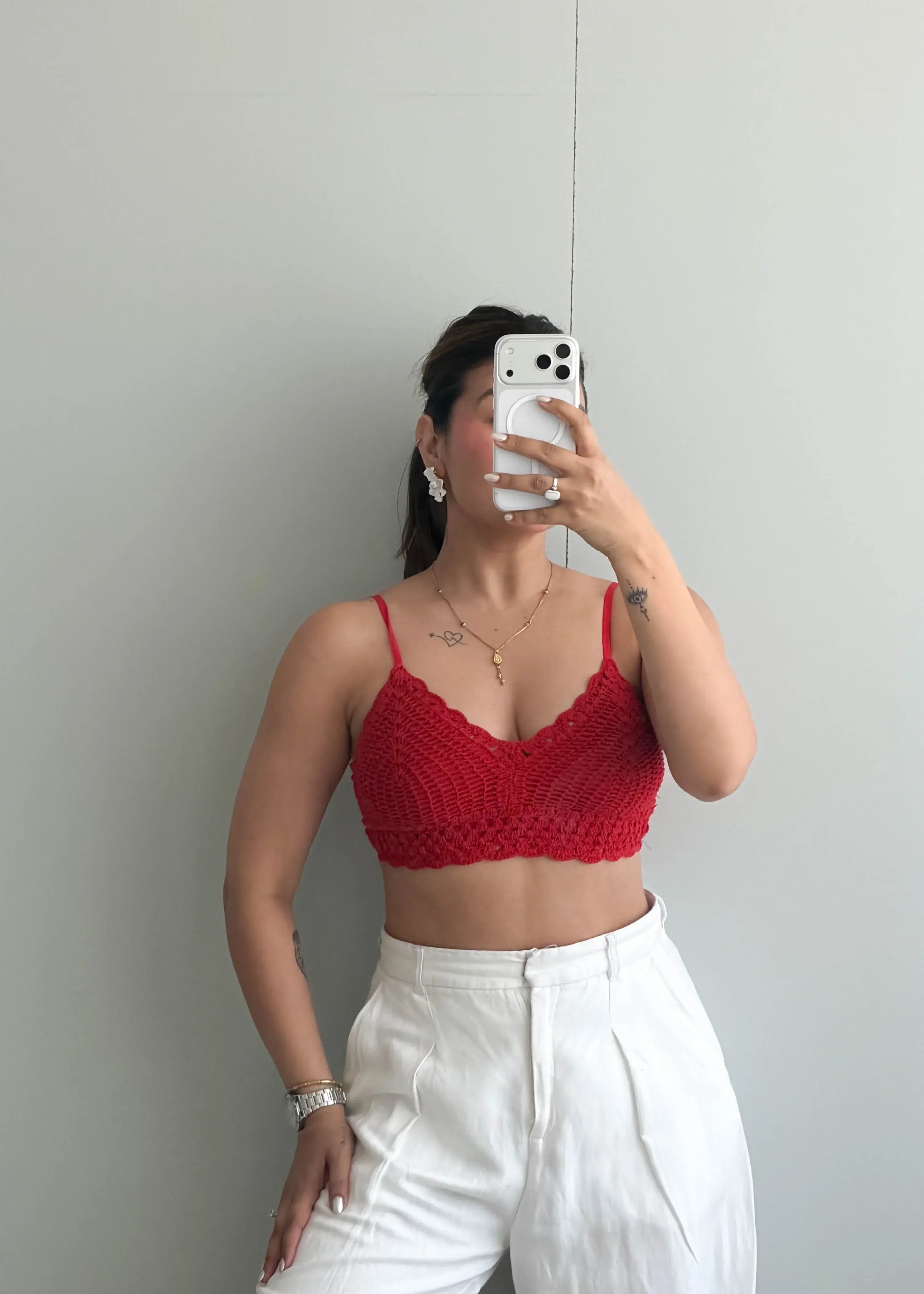 Size XS-S, Red Crochet Bralette Crop Top - Closet by Payal