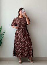 Size S-M & L-XL Brown Floral Smocked Maxi Dress With pockets