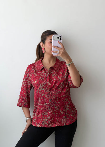 S-M Red Floral Print Cotton Voile Shirt