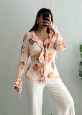 Size M-L, Peach Floral Ruffle Chiffon Top for Women - Closet by Payal