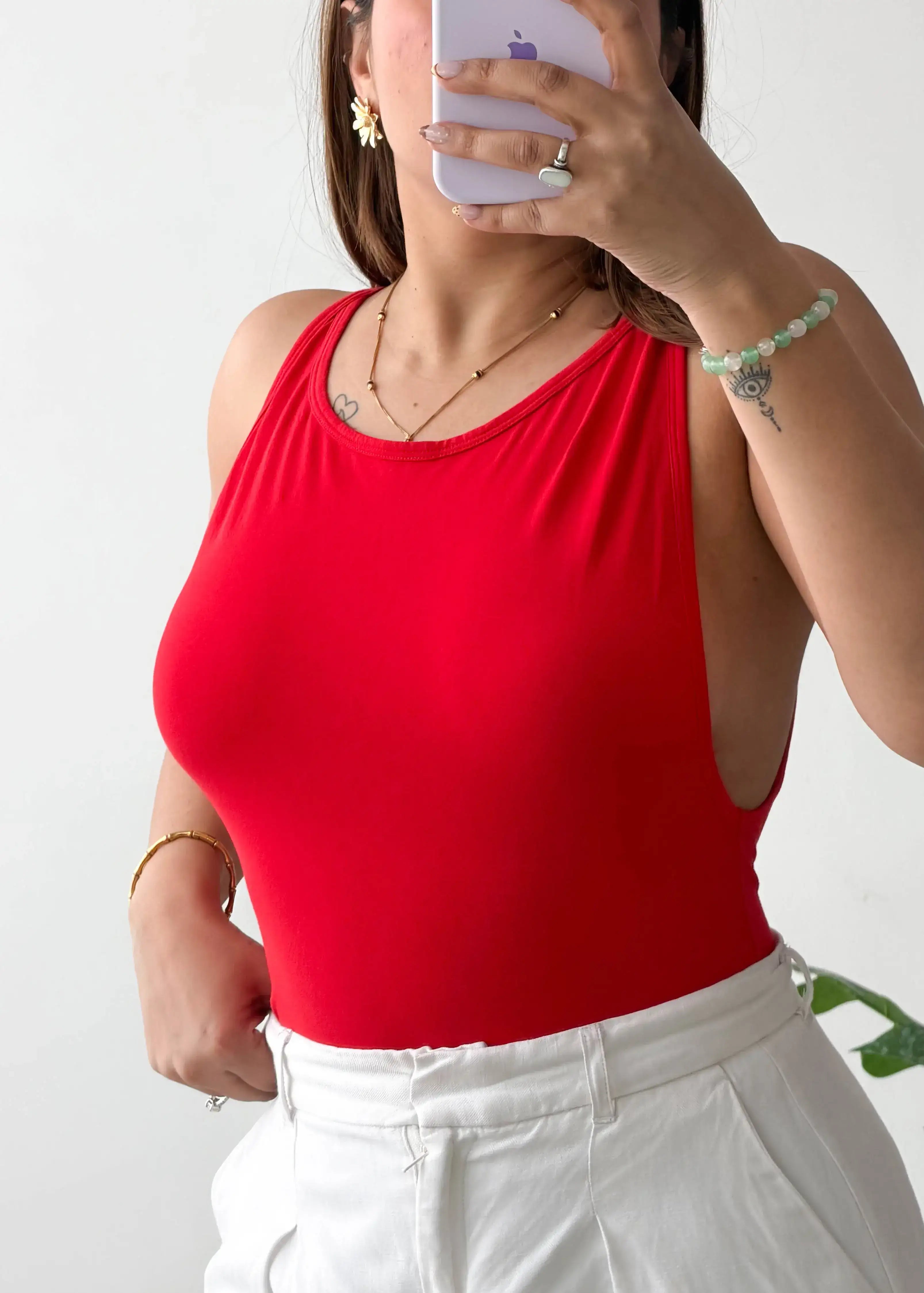 Size M, Red Backless Strap Bodysuit